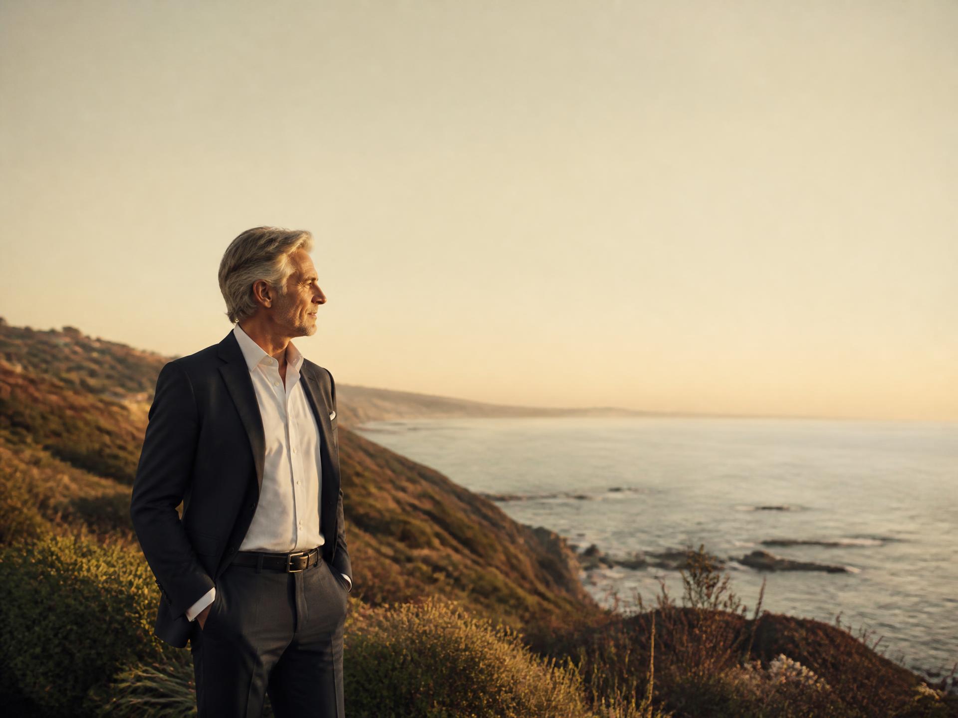 A distinguished gentleman in a tailored navy suit on the Newport Coast bluffs at golden hour